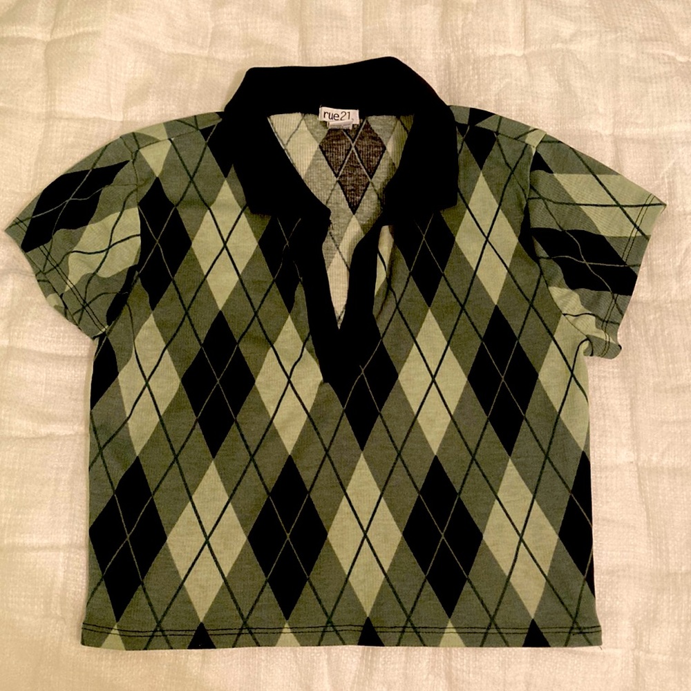 Green and black, large collared top, Rue 21